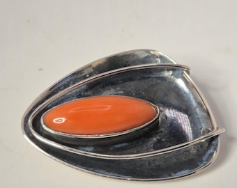 Antique Art Deco brooch, silver and coral, Italy, 800 gold, unique piece, vintage, 1938