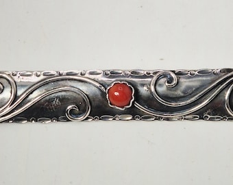 Art Nouveau brooch, 835 silver with Italian coral, floral setting, 60 x 12 mm, antique vintage – Schmuckrausch Vintage 0065
