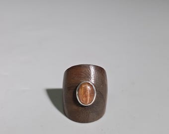 Sunstone Wood Ring, Macassar Ebony & 925 Sterling Silver, Small Gemstone Ring, Vintage 2000s, EU 54 US 7 I SR1669