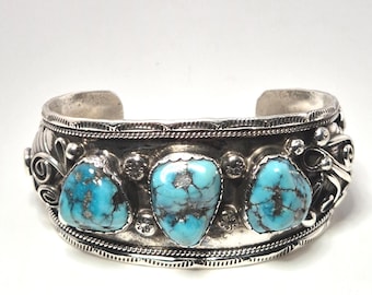 US Sterling Silver Bangle Turquoise 32 mm wide signed GM Vintage – Schmuckrausch Vintage 0282