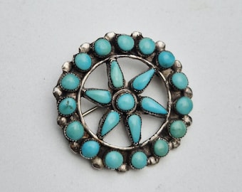 Antique Zuni Brooch • 26 Genuine Turquoises • Flower Shape • Silver Handcrafted • Pendant & Brooch • Signed EL • 34mm I 95