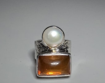 Cognac Amber Pearl Ring 925 Silver Vintage Size 51 Silvery Schmuckrausch Vintage 0633