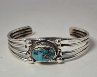 Vintage bangle, 1950s, USA, silver tested, turquoise oval cabochon with pyrite, four-wire design, traditional jewelry, Schmuckrausch Vintage 1551