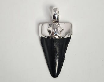 Great White Shark Tooth Pendant, 925 Silver, Jet Black, South Carolina, Rare Fossil, Unique Piece, 5 mm Bail, Jewelry Rush Vintage 0294