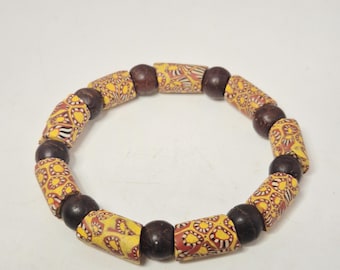 Bracelet with vintage Millefiori Trade Beads & Rudraksha, Ghana collection early 2000s, elastic, approx. 10 mm, Schmuckrausch Vintage 1993