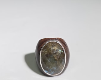 Faceted Labradorite Wood Ring, Macassar Ebony & 925 Sterling Silver, Oval Statement Ring, Vintage 2000s, EU 63 I SR1634