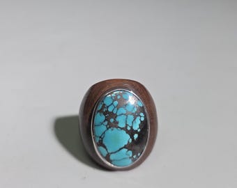 Spiderweb Turquoise Wood Ring, Macassar Ebony & 925 Sterling Silver, Vintage 2000s Statement Ring, EU 57 US 8 I SR1672