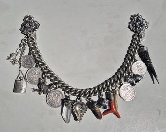 Women's Charivari with 15 silver pendants | Unique Alpine piece with perfume bottle, turquoise heart, coral, deer crescent, and marrow pieces | 192g | 26 cm
