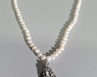 Antique Saint Christopher Silver Necklace with Freshwater Pearls – Bavarian Trachten Jewelry I SR0661