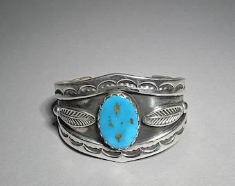 Vintage Navajo Sterling Silver Cuff Bracelet Natural Sleeping Beauty Turquoise • 62.16 g • American Jewelry • Schmuckrausch Vintage 0806