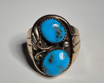 Navajo-style ring with two Kingman turquoises – 925 silver & 585 gold, USA