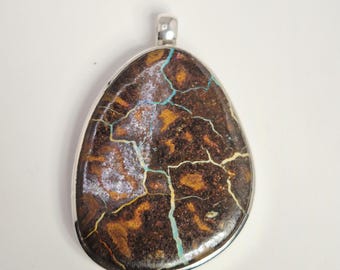 Large boulder opal pendant, Australia, 925 sterling silver, simple, hand-set – Vintage Jewelry Rush 0017