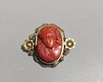 Antique Italian Natural Undyed Coral Bacchante Brooch c.1800 – Carved Coral Gold Filigree I SR1987