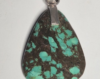 Pendant Turquoise Cabochon Spiderweb Hubei China over Silver 925 Unique 254
