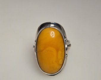 Fischland Ring 835 Silver Amber Butterscotch Size 52 Dark Yellow Cabochon Vintage Handmade Jewelry Rush Vintage