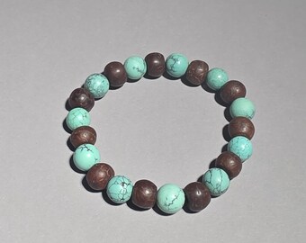Vintage Rudraksha Bracelet with Natural Hubei Turquoise Beads Nepal Meditation Jewelry I 1092