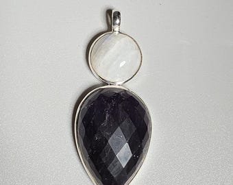 Large Amethyst Rainbow Moonstone Pendant 925 Silver Drop Faceted Jewelry Rush Vintage 0344