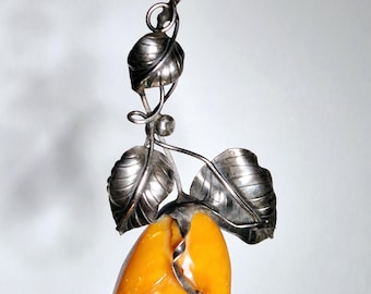 Art Nouveau pendant in 835 silver – large rose blossom made of genuine butterscotch amber, handmade
