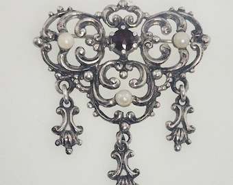 Antique brooch silver 835 around 1900 with garnet and pearls baroque design traditional costume jewelry Oktoberfest jewelry rush vintage 1829