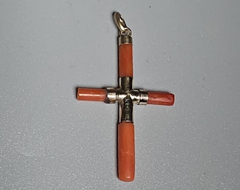 SEO title: Antique Neapolitan coral cross, 585 gold, circa 1880, 41 mm, religious pendant, jewelry craze, vintage 1504