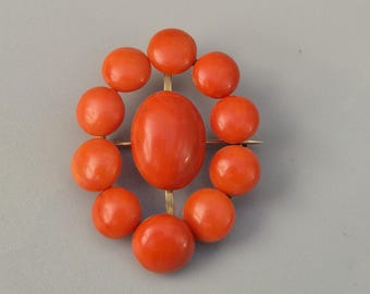 Antique pendant brooch combined – 12 salmon-colored Mediterranean corals, 585 gold, handmade