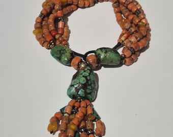Vintage Y-necklace 70s/80s • Antique coral & green turquoise with patina from Tibet • Himalayan jewelry • 149g • 60 cm (1395)