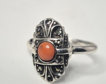 Silver ring with 5 mm Italian coral, vintage, size 52, Schmuckrausch Vintage 0195