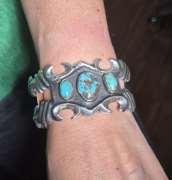 Navajo Sandcast Bangle, 1960s, With Three Turquoise Stones, Heavy