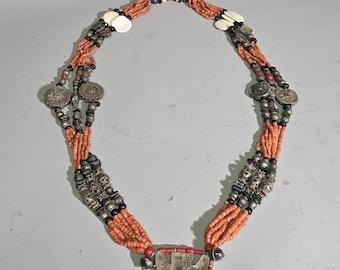 Antique Afghan Wedding Necklace with Coral, Shell, Silver and Trade Beads – 110 cm Tribal Jewelry I SR1530