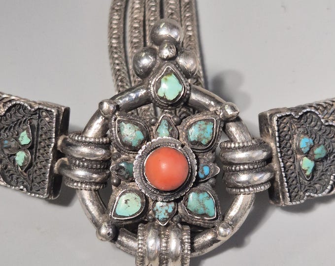 Featured listing image: Antique Tibetan women's belt, silver, circa 1900, coral and turquoise Gankyil pendant, 45 x 25 cm, handmade, vintage jewelry
