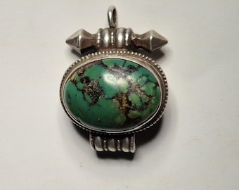 Old Tibetan Gau pendant made of 925 silver – with large turquoise, acquired in 1989 in Kathmandu
