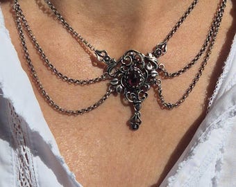 Antique silver chain historicism circa 1870–1890 with garnet – silver 835 stamped – traditional costume jewelry for dirndl & Oktoberfest 1216