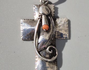 Antique cross, 900 silver, hand-hammered, Art Nouveau, hallmarked, handmade religious jewelry, circa 1910, vintage jewelry.
