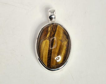 Tiger's eye pendant, 925 sterling silver, oval cabochon 34 mm, simple setting, 5 mm eyelet, Schmuckrausch Vintage 1731