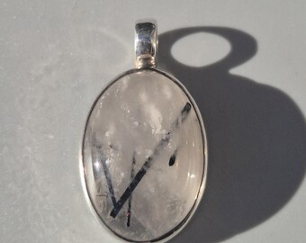 Rutilated quartz pendant – 925 silver, oval cabochon with black rutile needles, Schmuckrausch Vintage 0004