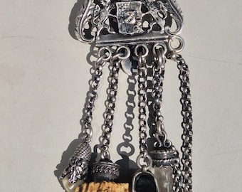 Antique skirt pin with safety chain silver 800 – Reh Kümmerer Grandel crystal – traditional costume jewelry for dirndls around 1900