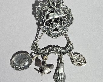 Antique skirt pin, 835 silver, Saint George with lucky charms – Bavarian heritage, traditional dirndl, Oktoberfest – 61 g I SR0930