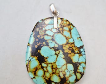 Large turquoise pendant Hubei China • Silver 925 • Spiderweb pattern • Statement jewelry unique I 1565