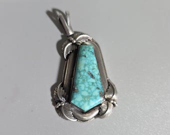 Vintage Navajo Turquoise Pendant E Kee Sterling Silver Signed Native American Jewelry USA circa 1980 I SR1366