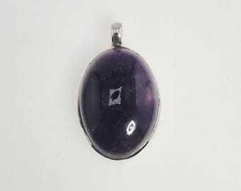 Dark amethyst pendant, 925 sterling silver, oval cabochon 38 mm, almost black-violet, 5 mm eyelet, Schmuckrausch Vintage 0085