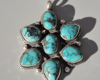 Nepal pendant, 1990, with 7 turquoise flower-shaped stones, 925 sterling silver, handmade in Kathmandu, untreated, genuine matrix stone, vintage jewelry.