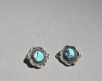 Vintage Sterling Silver Turquoise Flower Clip Earrings – 1970s Native American Style I 0005