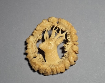 Antique Bavarian Deer Rose Brooch with Stag | Hand-Carved Deer Antler Rosette | Germany c. 1900–1930 | Jewelry Rush Vintage 1072