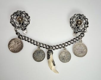Antique ladies' charrivari silver 835 with fox tooth & 1 Mark coin – traditional costume jewelry Dirndl Oktoberfest jewelry rush Vintage 1811