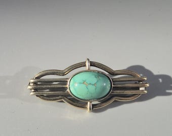 Art Deco brooch, 835 silver, gold-plated, with untreated turquoise cabochon, pastel green, jewelry, vintage, 1762