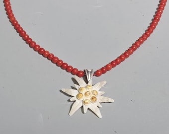 Antique Mediterranean Coral Necklace with Carved Bone Edelweiss | Bavarian costume, Oktoberfest jewelry I SR1535