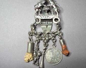 Antique ladies' skirt pin, 800 silver with 5 pendants – goose man, chamois, coral, dirndl jewelry I SR1459
