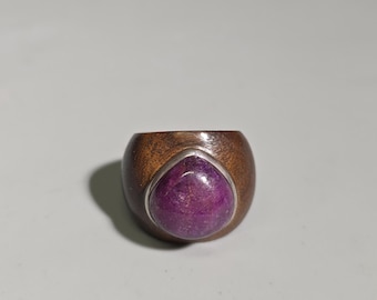 Ruby Wood Ring, Teardrop Ruby, Macassar Ebony & 925 Sterling Silver, Vintage 2000s Statement Ring, EU 57 US 8 I SR1635