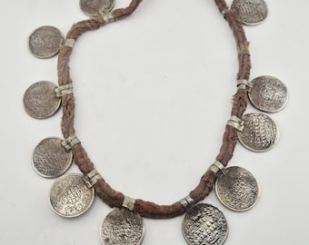 Antique silver coin necklace Tharu Nepal 11 Rupee coins textile cord ethnic jewelry jewelry rush vintage 0221