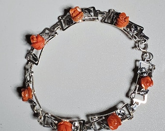 Antique Art Nouveau bracelet, 800 silver with coral roses, Italy, circa 1900, Vintage Jewelry Rush